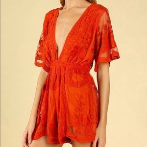 Honey Punch red lace floral embroidered romper